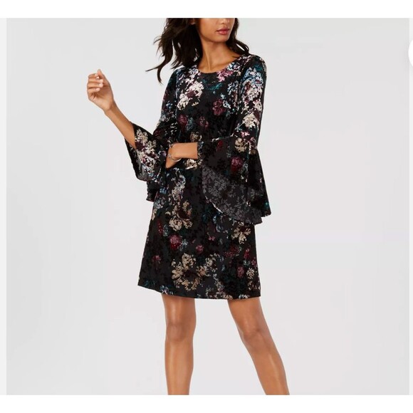 NINE WEST Sz 6 Burnout Velvet Floral‎ Print Dress Black Mini - Picture 2 of 13